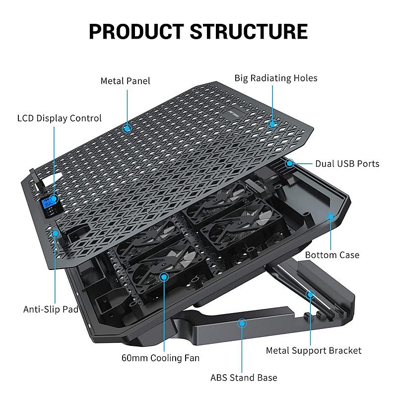 Ant Esports NC210 Gaming Notebook Cooler with 6 Cooling Fans for 10" - 15.6" Laptops, RGB Lights, 2 USB Ports