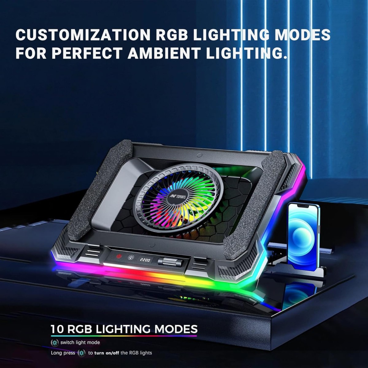 Ant Esports NC320 RGB Gaming Laptop Cooling Pad, Rapid Cooling Laptop Stand with 1*140MM Quite Fan with RPM Controller, Smart and OneTouch Display Laptop stand for 14-19” 8 Height Stands, 2 USB Ports Ant Esports NC320 RGB Gaming Laptop Cooling Pad, Rapid Cooling Laptop Stand with 1*140MM Quite Fan with RPM Controller, Smart and OneTouch Display Laptop stand for 14-19” 8 Height Stands, 2 USB Ports