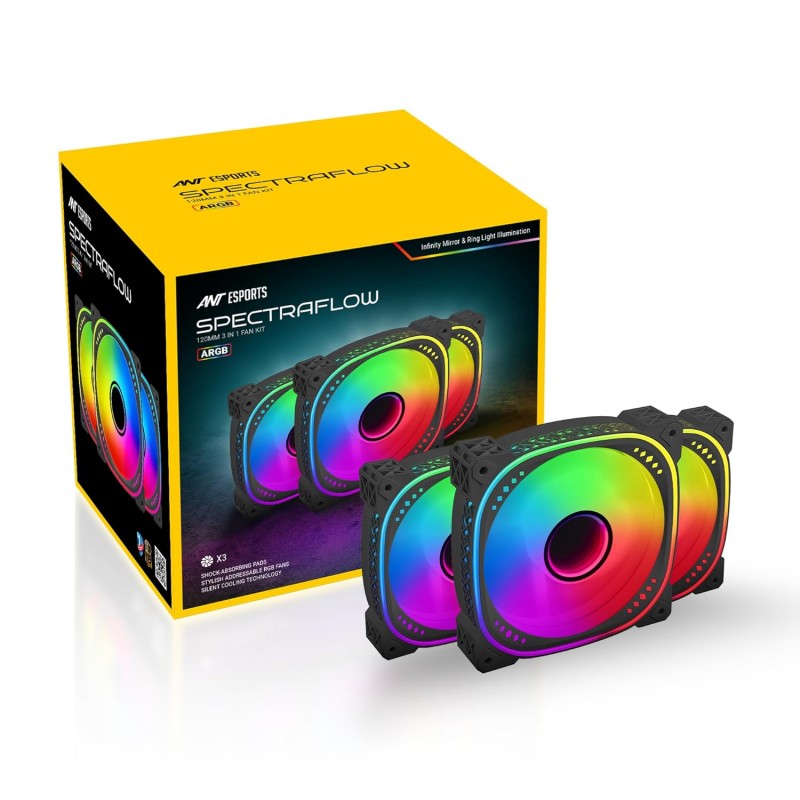 Ant Esports Spectraflow 120mm 3 IN 1 ARGB Case Fan Kit - Black, Infinity Mirror Design, PWM Control, 1800 RPM, 45 CFM Airflow Ant Esports Spectraflow 120mm 3 IN 1 ARGB Case Fan Kit - Black, Infinity Mirror Design, PWM Control, 1800 RPM, 45 CFM Airflow