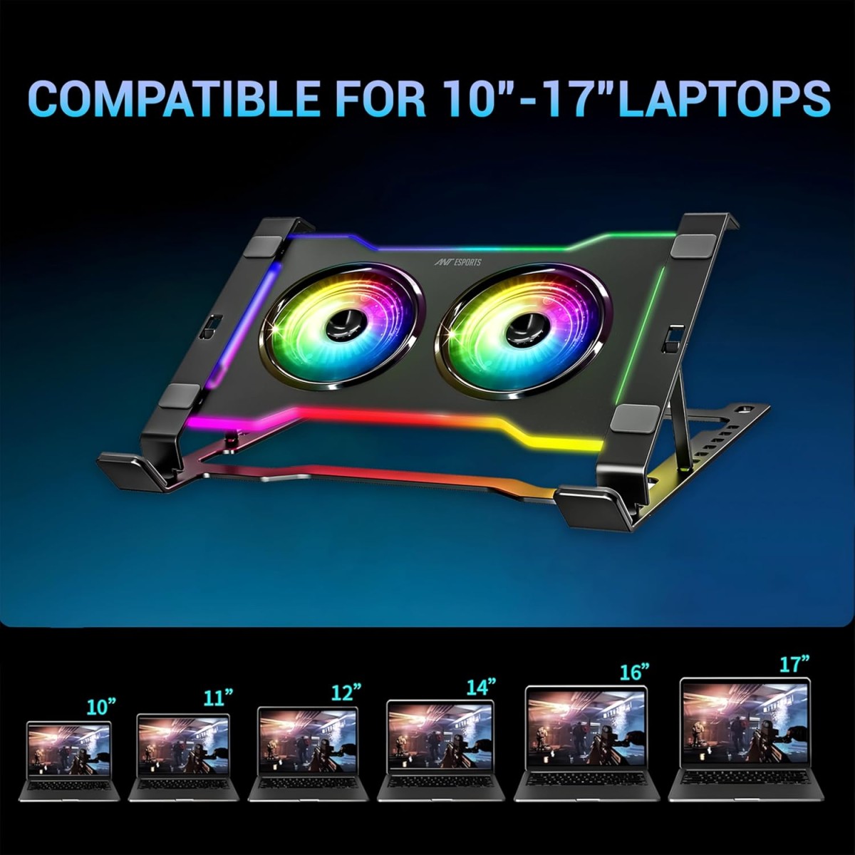 Ant Esports Turbine 20 RGB Laptop Cooling Pad for Upto 17” Laptop 2X 65 x 15mm 3000rpm Fan,10 RGB Modes, Adjustable Height Stand, Fan Speed Control, Type C and USB Port, Quiet Operation, LED Display Ant Esports Turbine 20 RGB Laptop Cooling Pad for Upto 17” Laptop 2X 65 x 15mm 3000rpm Fan,10 RGB Modes, Adjustable Height Stand, Fan Speed Control, Type C and USB Port, Quiet Operation, LED Display