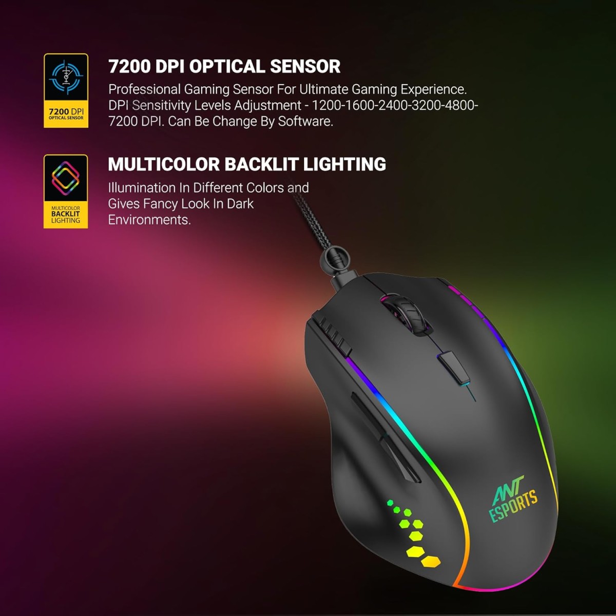 Ant Esports USB GM600 RGB Wired Programmable Gaming Mouse 6 DPI Sensitivity Level Adjustments up to 7200 DPI Equipped with HUANO Mouse switches