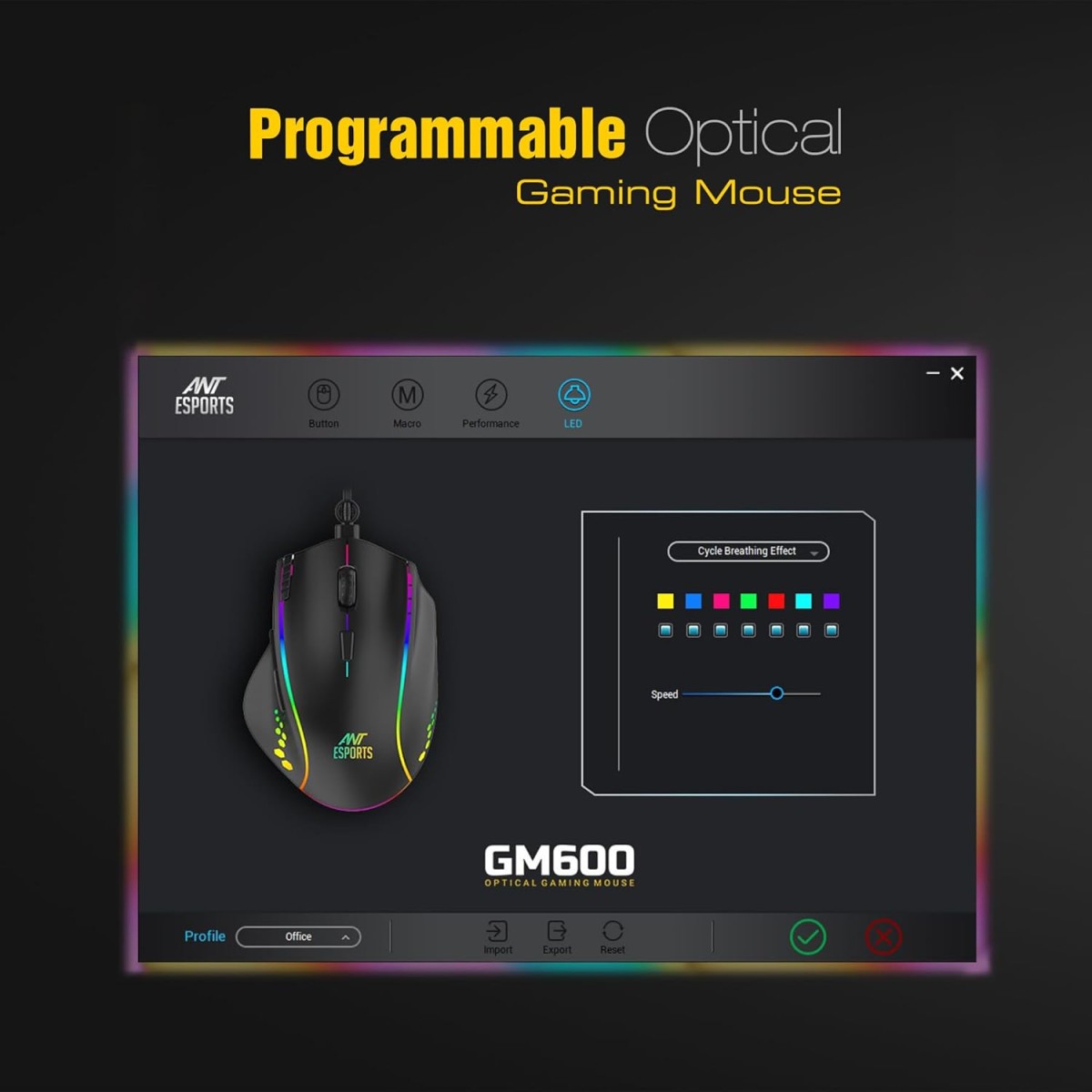 Ant Esports USB GM600 RGB Wired Programmable Gaming Mouse 6 DPI Sensitivity Level Adjustments up to 7200 DPI Equipped with HUANO Mouse switches