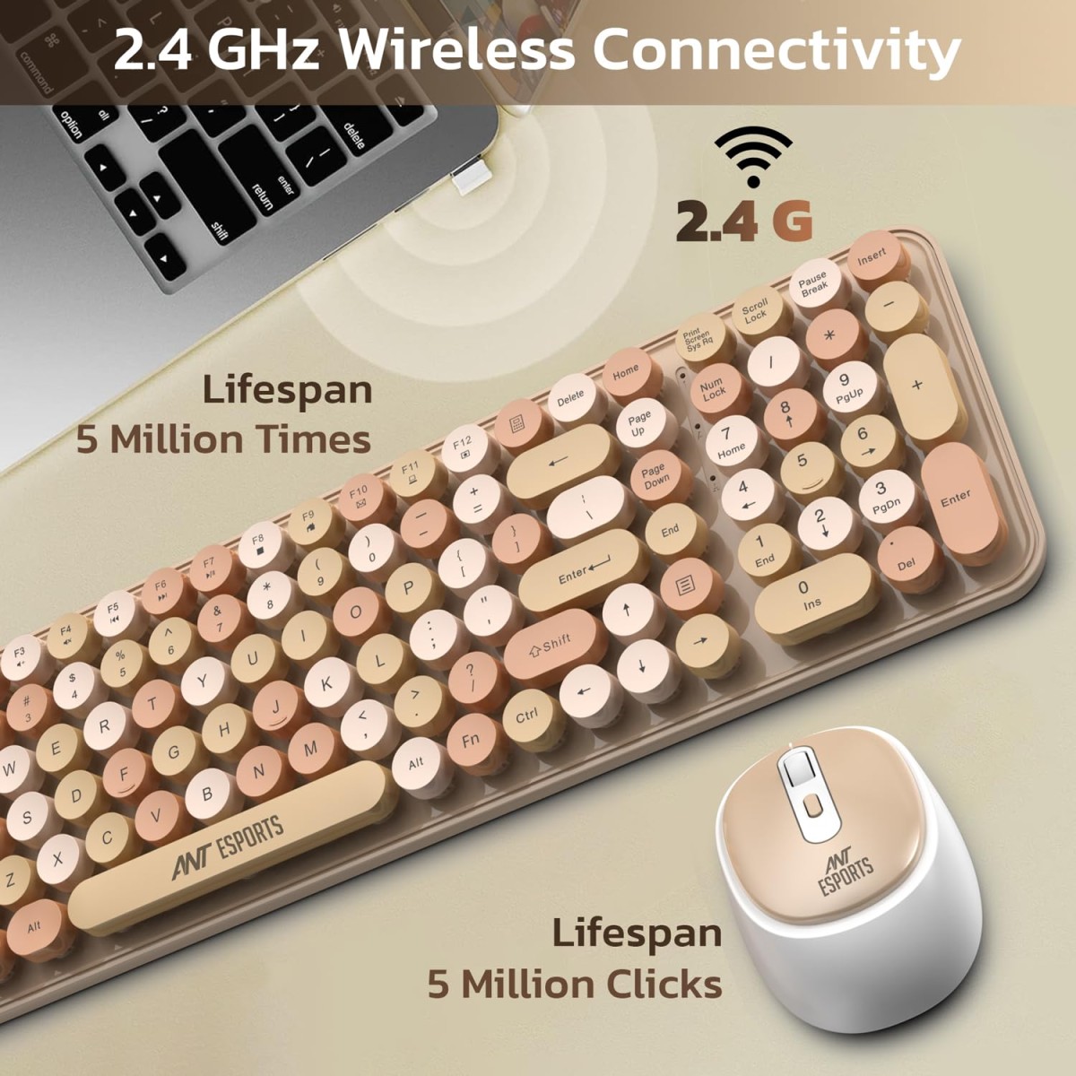 Ant Esports WKM44 Keyboard and Mouse Combo, Colourful Wireless Keyboard with Round Keycaps,2.4GHz Dropout-Free Connection, Long Battery Life, Cute Wireless Mouse for PC/Laptop/Computer- Candy Brown