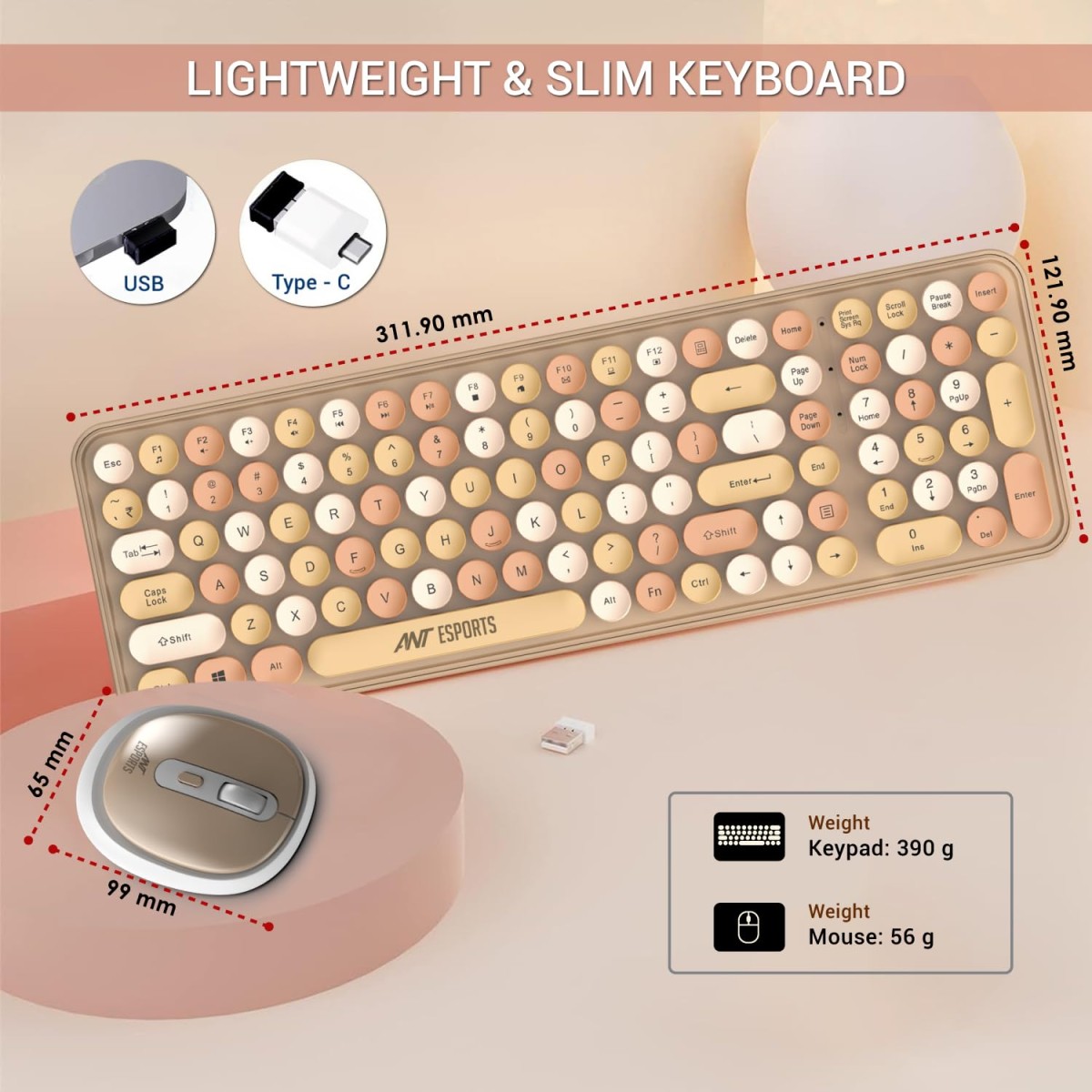 Ant Esports WKM44 Keyboard and Mouse Combo, Colourful Wireless Keyboard with Round Keycaps,2.4GHz Dropout-Free Connection, Long Battery Life, Cute Wireless Mouse for PC/Laptop/Computer- Candy Brown