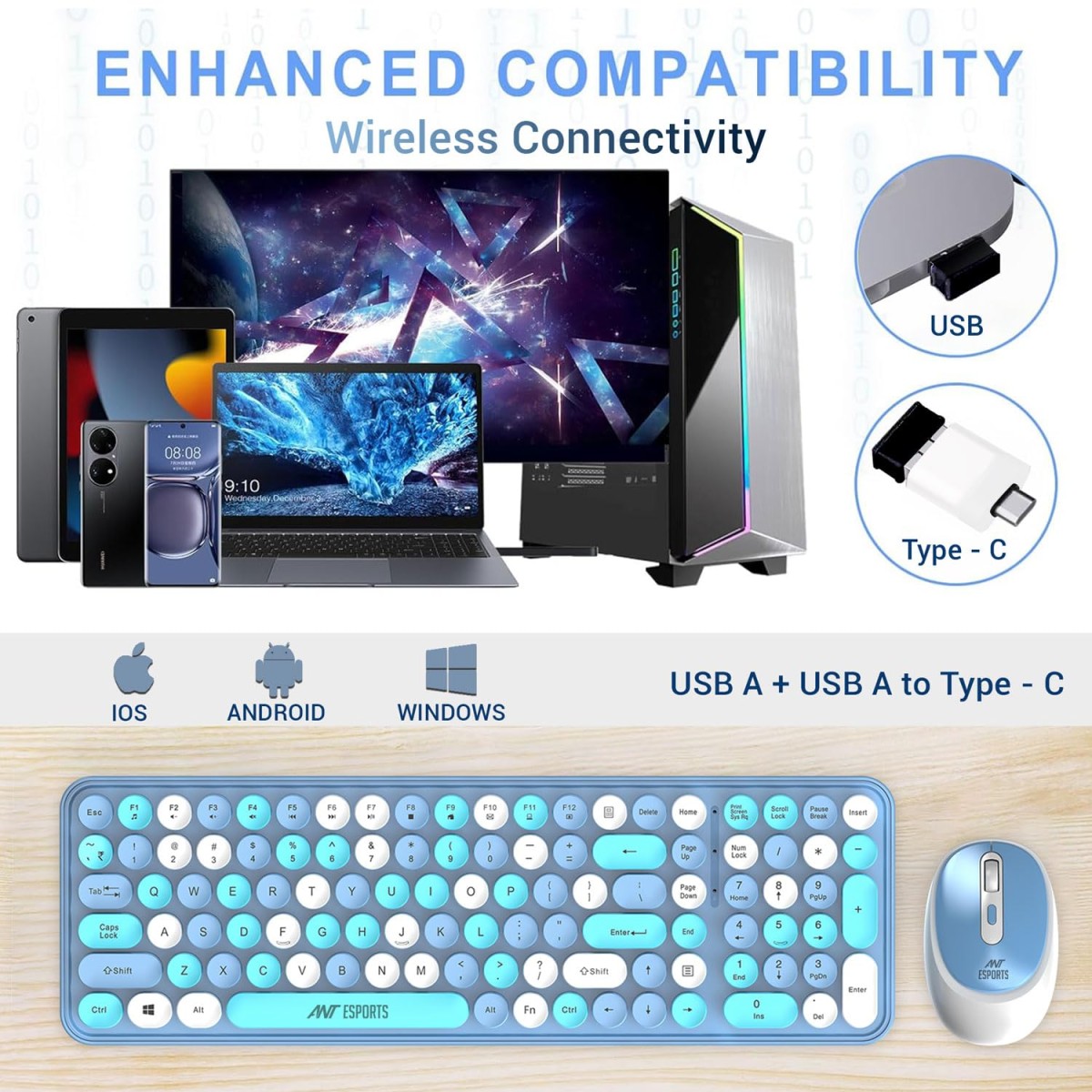 Ant Esports WKM44 Keyboard and Mouse Combo, Colourful Wireless Keyboard with Round Keycaps,2.4GHz Dropout-Free Connection, Long Battery Life, Cute Wireless Mouse for PC/Laptop/Computer- Candy Brown