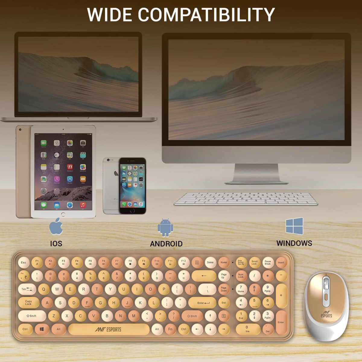 Ant Esports WKM44 Keyboard and Mouse Combo, Colourful Wireless Keyboard with Round Keycaps,2.4GHz Dropout-Free Connection, Long Battery Life, Cute Wireless Mouse for PC/Laptop/Computer- Candy Brown