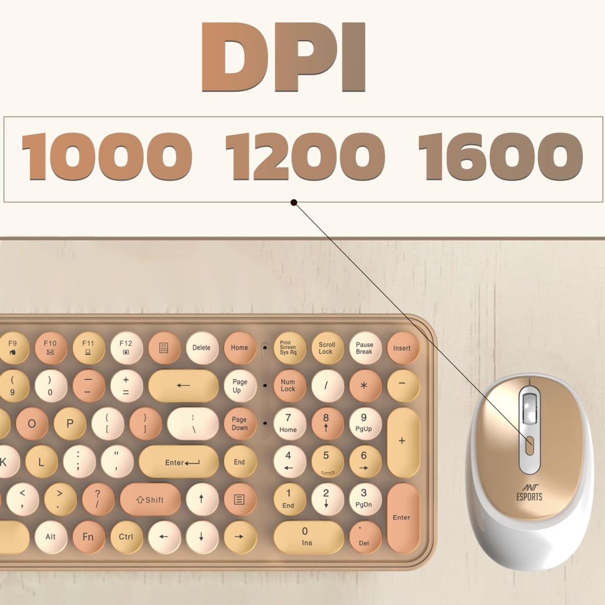 Ant Esports WKM44 Keyboard and Mouse Combo, Colourful Wireless Keyboard with Round Keycaps,2.4GHz Dropout-Free Connection, Long Battery Life, Cute Wireless Mouse for PC/Laptop/Computer- Candy Brown