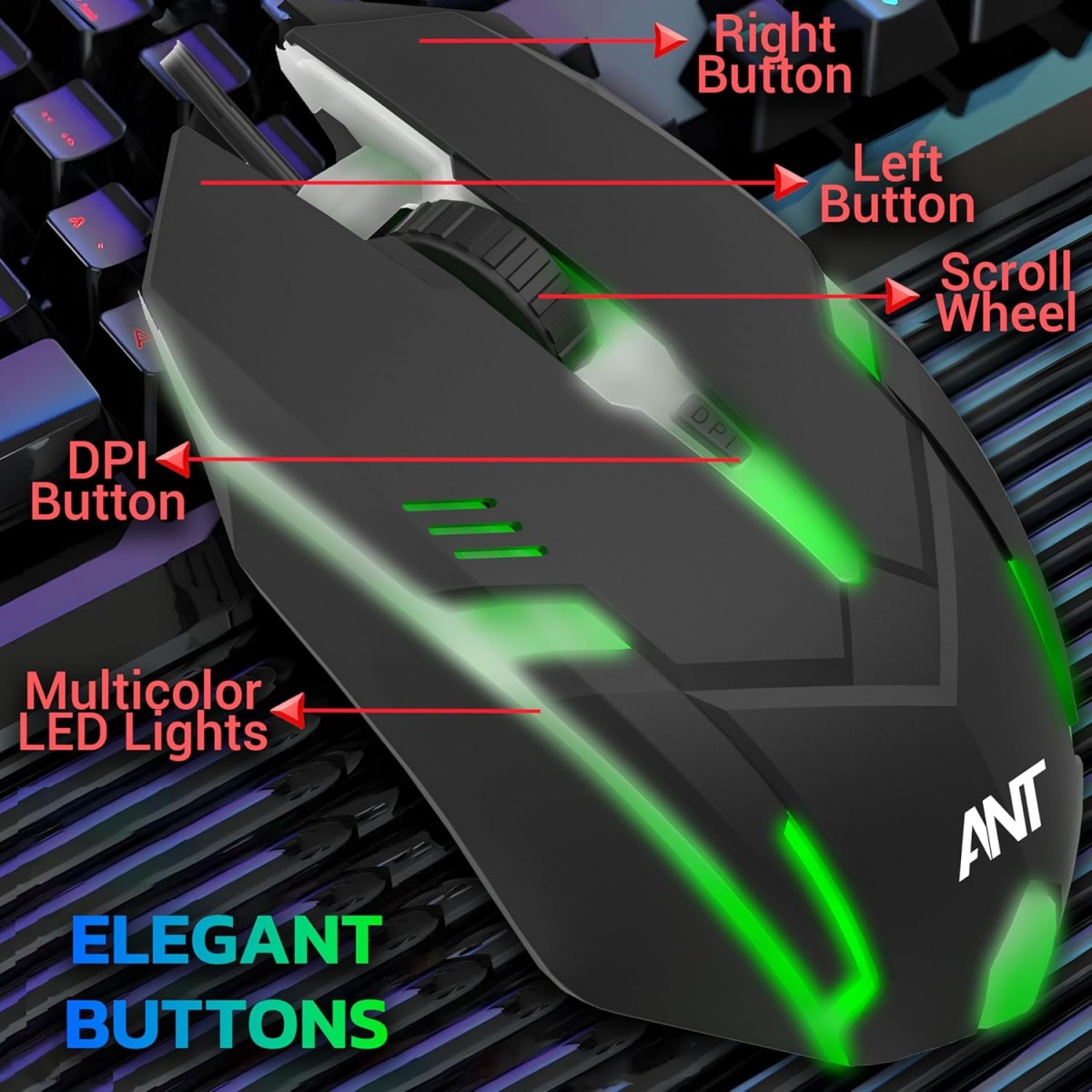 Ant GM46 Wired Optical Gaming Mouse | 2400 DPI Sensor | 4 Durable Buttons | Multicolour Backlight | 1.5M Cable | Lightweight Design