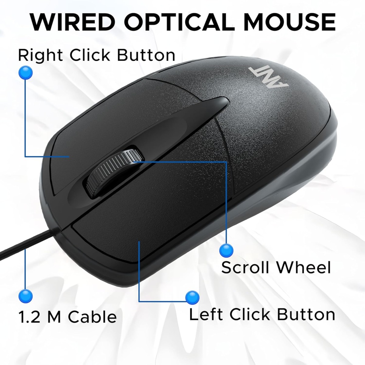 Ant Globe 10 Wired Optical Mouse with 1200 DPI, USB Connectivity, Lightweight Design, Durable 3 Buttons, Compatible with Windows/Mac/Linux