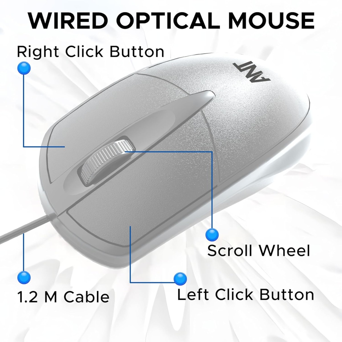 Ant Globe 10 Wired Optical Mouse with 1200 DPI, USB Connectivity, Lightweight Design, Durable 3 Buttons, Compatible with Windows/Mac/Linux
