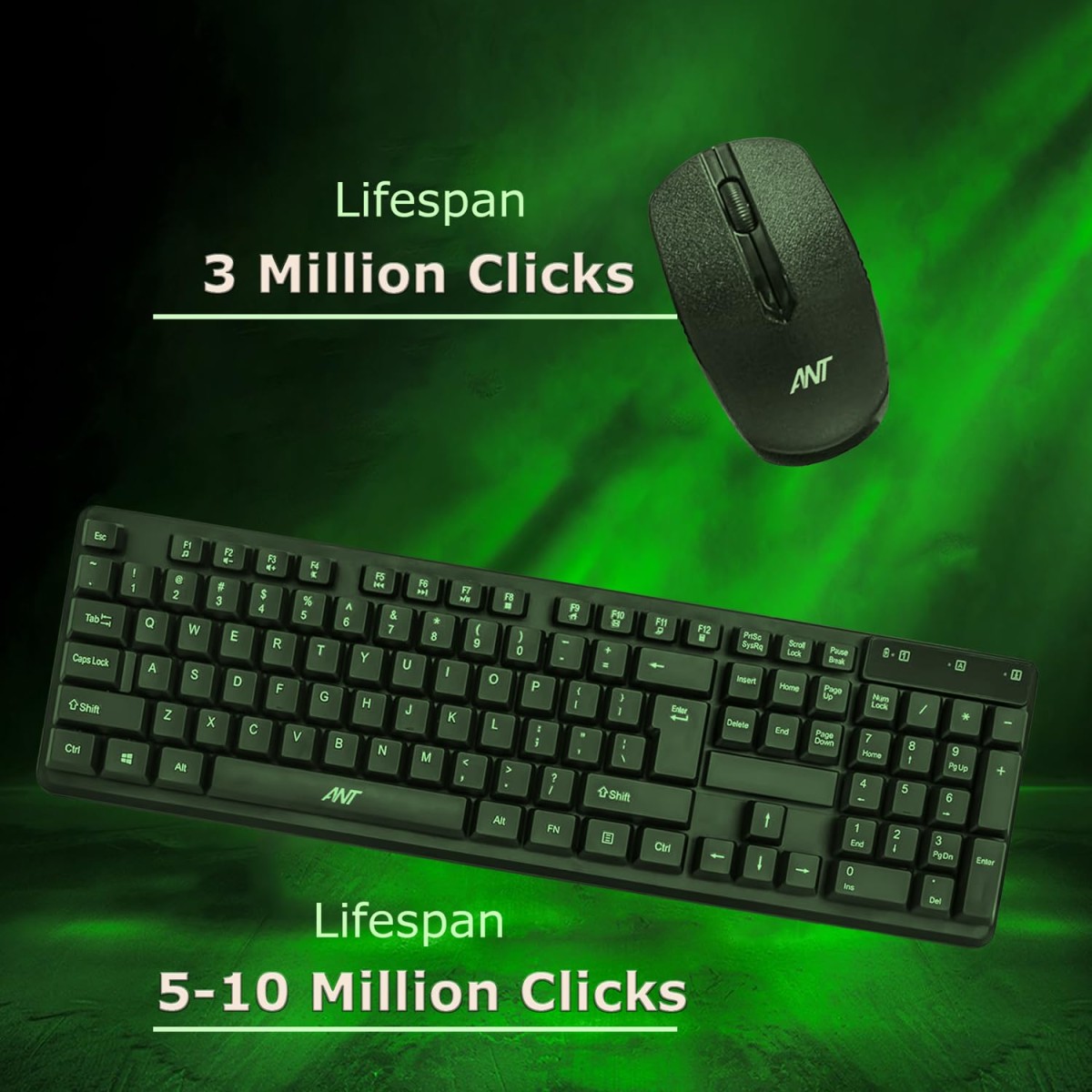 Ant PC 2.4G Full-Sized Ergonomic Keyboard Mouse, 3 DPI Adjustable Cordless USB Keyboard and Mouse, Quiet Click for Computer/Laptop/Windows/Mac