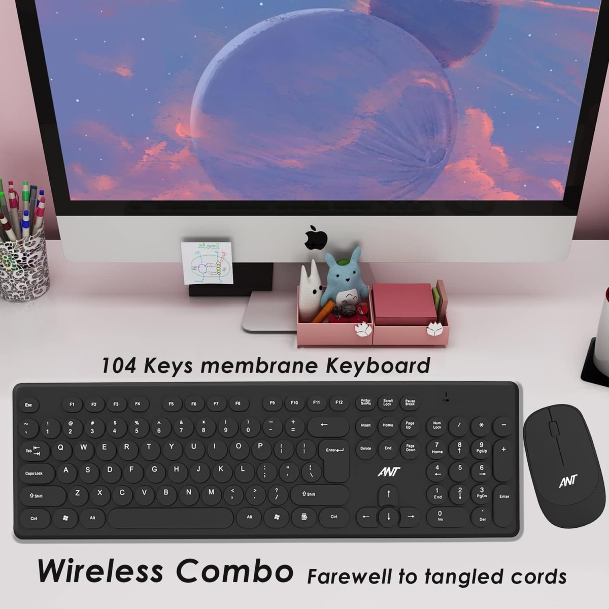 Ant PC Wireless Keyboard and Mouse, Silent Keyboard Mouse Combo, Full-Sized Colorful Typewriter Keyboard with Round Keycaps, 2.4G 1000 DPI Cute Mouse Compatible with PC/Laptop/Compute - Black