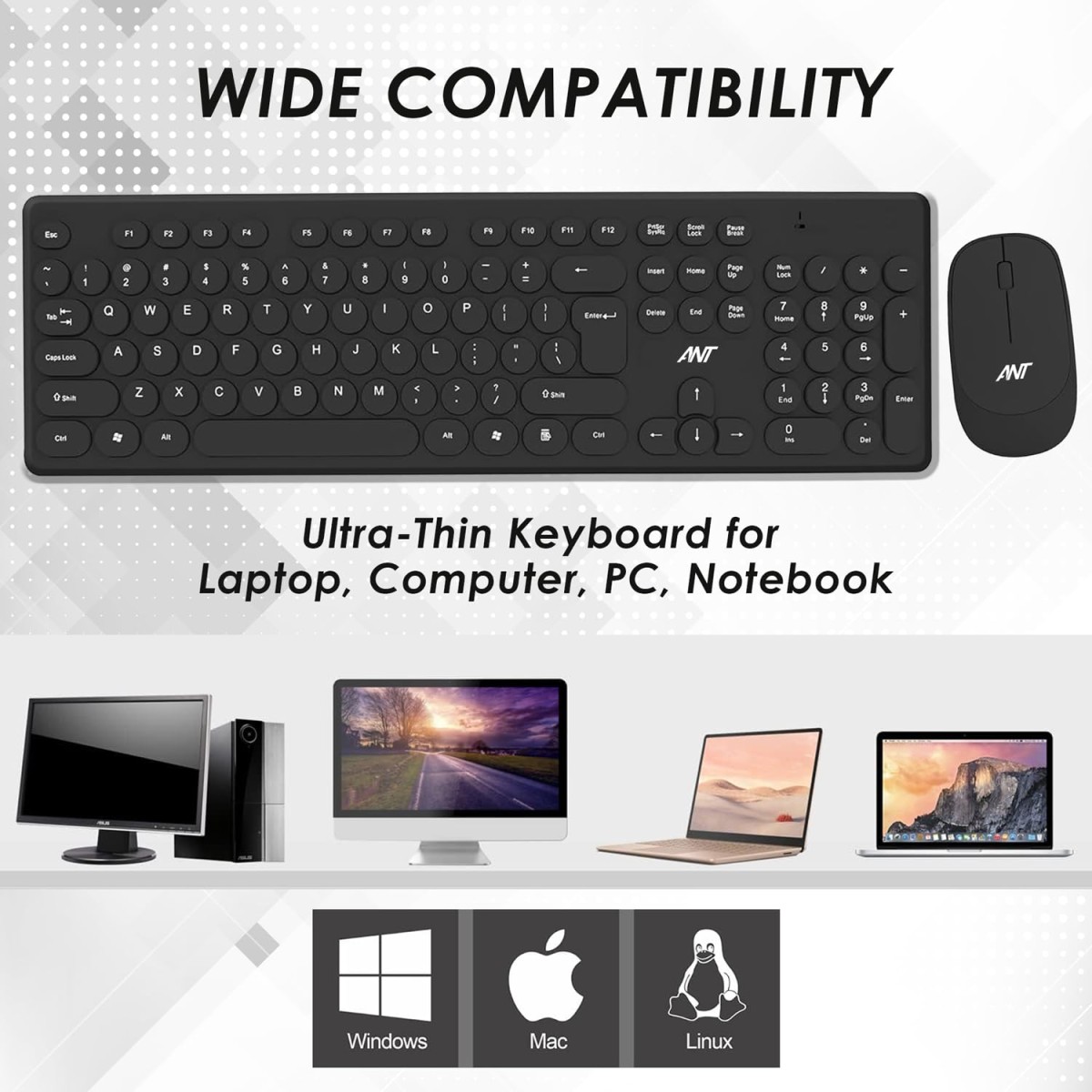 Ant PC Wireless Keyboard and Mouse, Silent Keyboard Mouse Combo, Full-Sized Colorful Typewriter Keyboard with Round Keycaps, 2.4G 1000 DPI Cute Mouse Compatible with PC/Laptop/Compute - Black