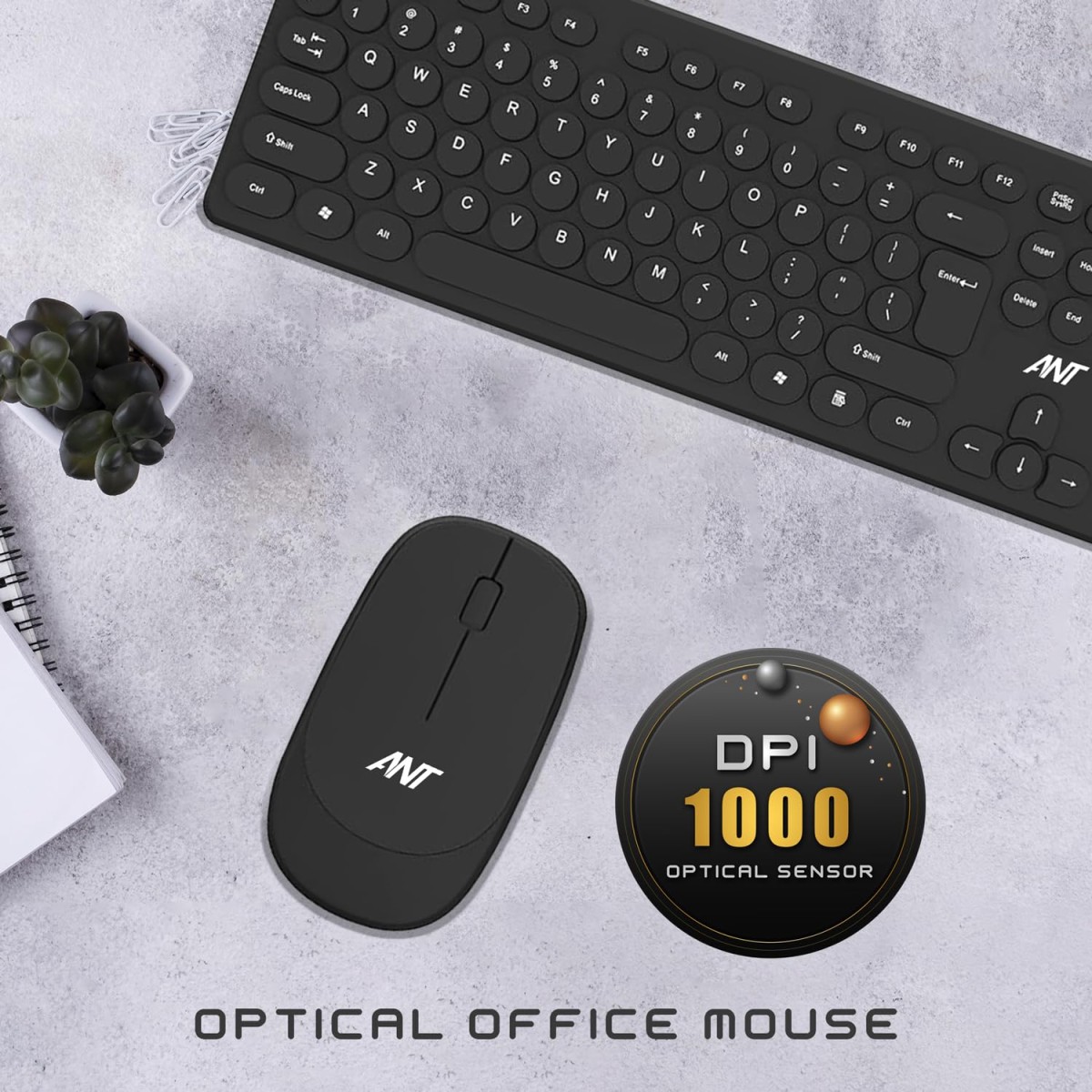 Ant PC Wireless Keyboard and Mouse, Silent Keyboard Mouse Combo, Full-Sized Colorful Typewriter Keyboard with Round Keycaps, 2.4G 1000 DPI Cute Mouse Compatible with PC/Laptop/Compute - Black