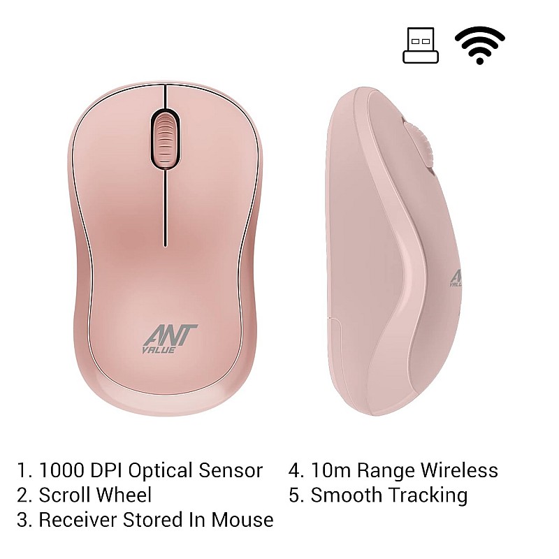 Ant Value FKAPU03 1000 DPI Wireless Mouse - Rose Gold