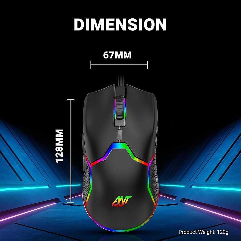 Ant Value GM1001 USB Wired Gaming Mouse,6 Adjustable 12800 DPI Computer Mouse,Optical Sensor 13 RGB Mouse with software and 6 Programmable Buttons,Ergonomic PC Gaming Wired Mouse for Laptop/PC - Black