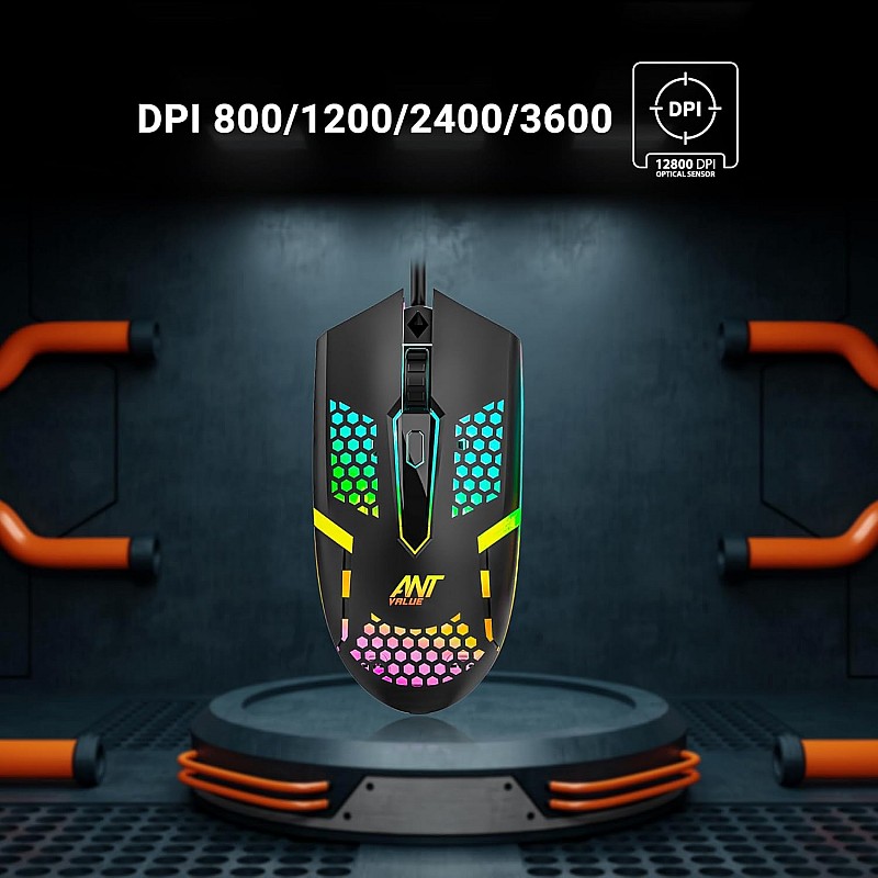 Ant Value GM1001 USB Wired Gaming Mouse,6 Adjustable 12800 DPI Computer Mouse,Optical Sensor 13 RGB Mouse with software and 6 Programmable Buttons,Ergonomic PC Gaming Wired Mouse for Laptop/PC - Black