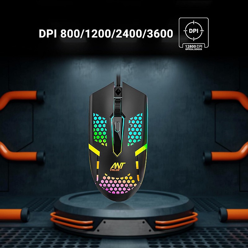 Ant Value GM1103 Gaming Mouse, USB Optical Computer Mice with RGB Backlit, 4 Adjustable DPI Up to 3600, Ergonomic Gamer Laptop PC Mouse for Windows 7/8/10/XP Vista Linux -Black