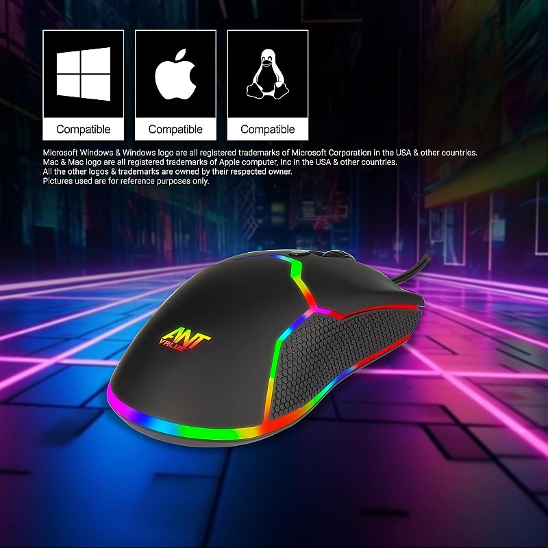 Ant Value GM1103 Gaming Mouse, USB Optical Computer Mice with RGB Backlit, 4 Adjustable DPI Up to 3600, Ergonomic Gamer Laptop PC Mouse for Windows 7/8/10/XP Vista Linux -Black