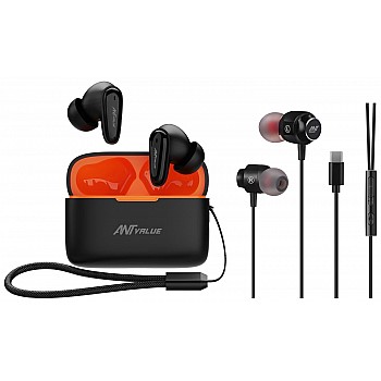 Ant Value Wave 40 TWS Wireless in Ear Earbuds with 6-7 Hrs Playtime - Black Orange IEH 20 Gaming USB Type C Earphones Stereo Wired Earbuds with Noise Cancelling Microphone -