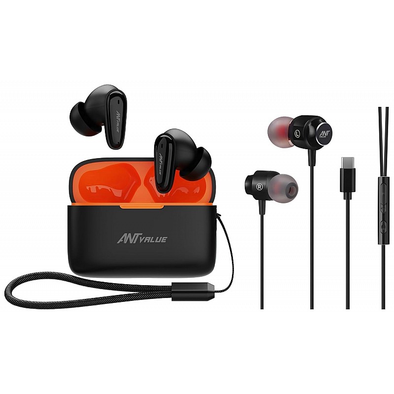 Ant Value Wave 40 TWS Wireless in Ear Earbuds with 6-7 Hrs Playtime - Black Orange IEH 20 Gaming USB Type C Earphones Stereo Wired Earbuds with Noise Cancelling Microphone -