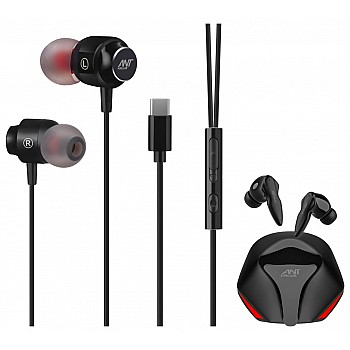 Ant Value Wave 60 TWS Wireless in Ear Earbuds with 6-7 Hrs Playtime - Black IEH 20 Gaming USB Type C Earphones Stereo Wired Earbuds with Noise Cancelling Microphone