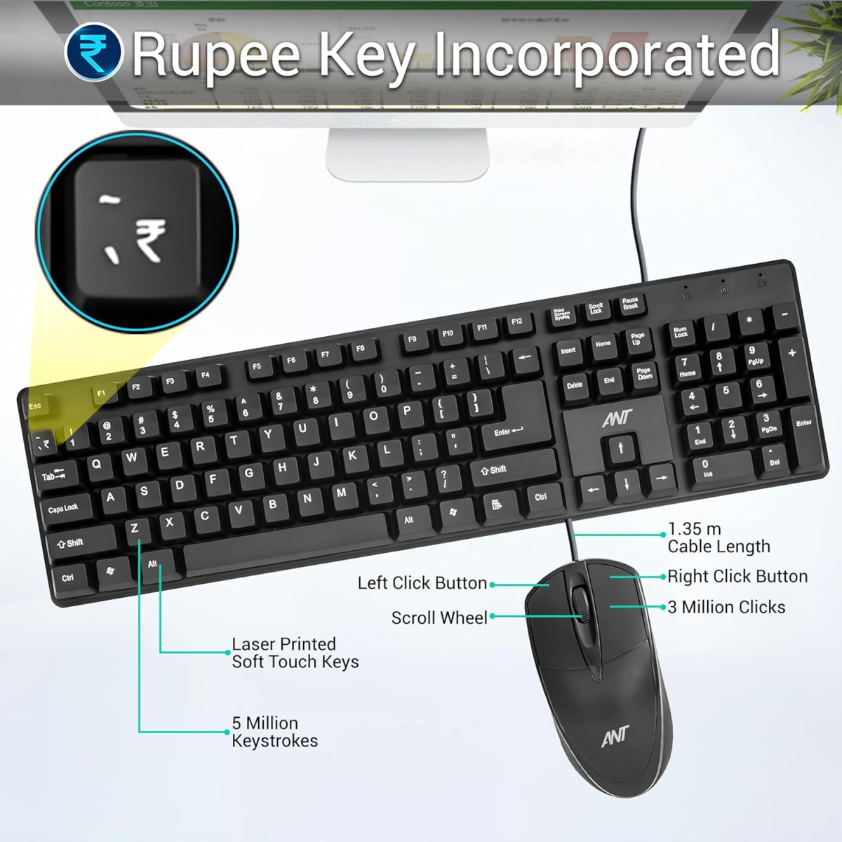 Ant -Wired Full-Size Keyboard and Mouse Combo - Computer Accessories for Laptops and PCs, Ergonomic Design, Silent Keys, USB Connection, Compact Mouse, QWERTY Keyboard – Black, 02