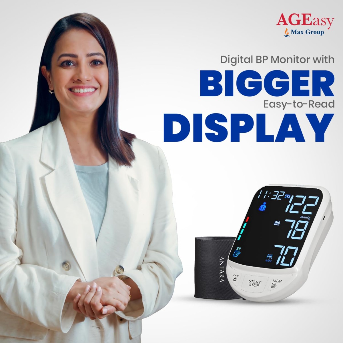 Antara AGEasy (Max Group) Fully Automatic Digital Blood Pressure Monitoring Device | BP Apparatus for Home | Portable Digital BP Check Machine for Hypertension & Managing Heart Health | Arm Circumference (22-42cm) (Standard (White))