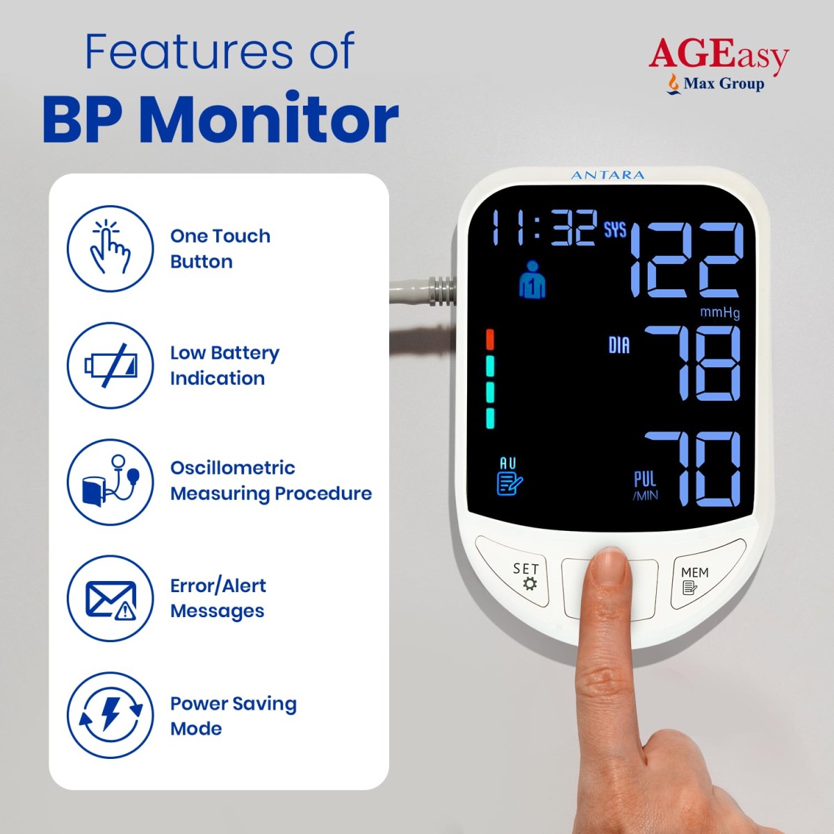 Antara AGEasy (Max Group) Fully Automatic Digital Blood Pressure Monitoring Device | BP Apparatus for Home | Portable Digital BP Check Machine for Hypertension & Managing Heart Health | Arm Circumference (22-42cm) (Standard (White))