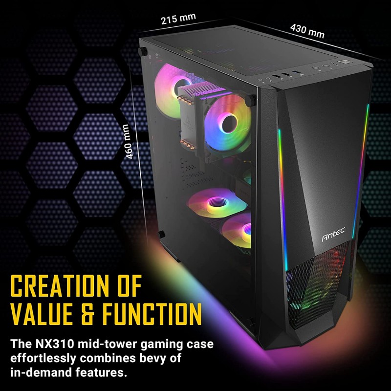 Antec NX310 Mid-Tower ATX Computer Cabinet/Gaming Case | 3 USB Ports with 1 x 120mm ARGB Fan in Front and 1 x 120mm Fan in Rear