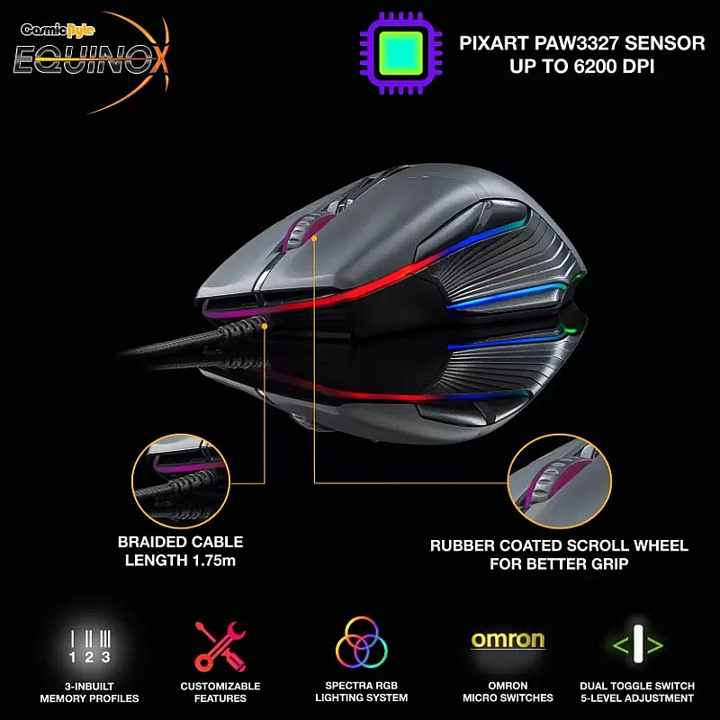 Cosmic Byte Equinox Beta 6200DPI 9 Buttons, Pixart PAW3327 Sensor, Spectra RGB Wired Optical Gaming Mouse Black