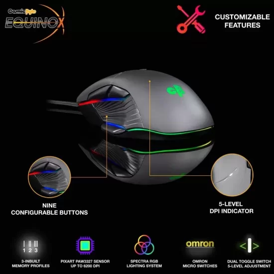 Cosmic Byte Equinox Beta 6200DPI 9 Buttons, Pixart PAW3327 Sensor, Spectra RGB Wired Optical Gaming Mouse Black