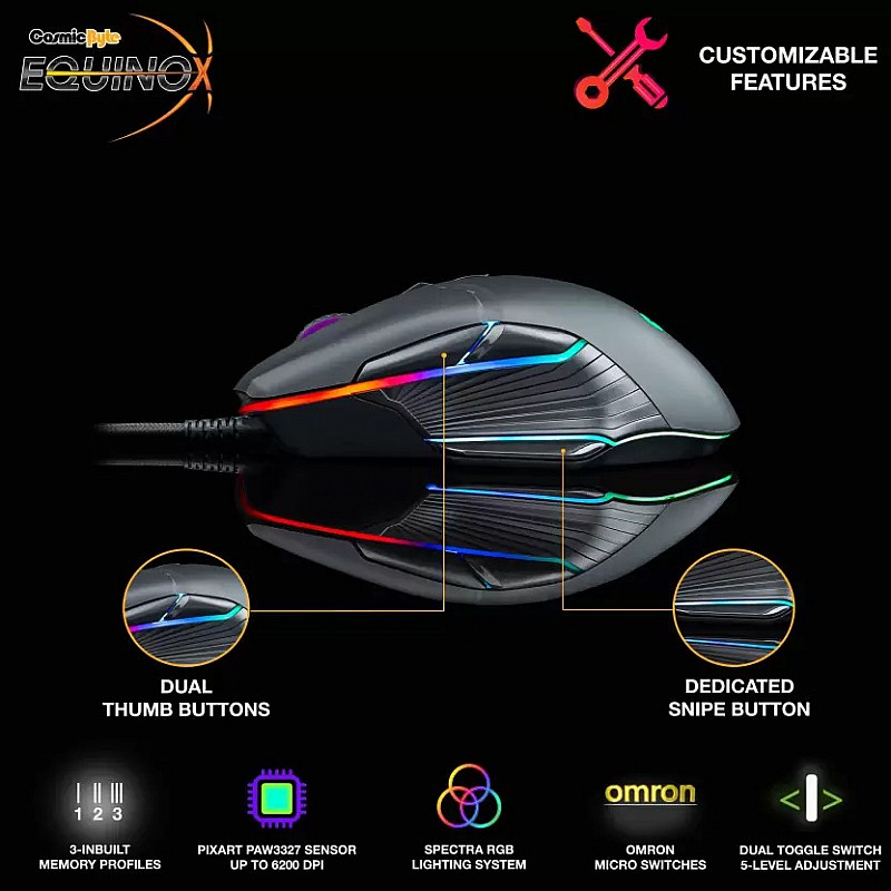 Cosmic Byte Equinox Beta 6200DPI 9 Buttons, Pixart PAW3327 Sensor, Spectra RGB Wired Optical Gaming Mouse Black