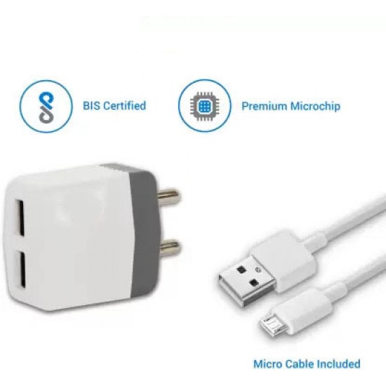 Airtree Dual Port 12W 2.4A Fast Charger with Charge & Sync USB Cable   (White, Grey, Cable Included)