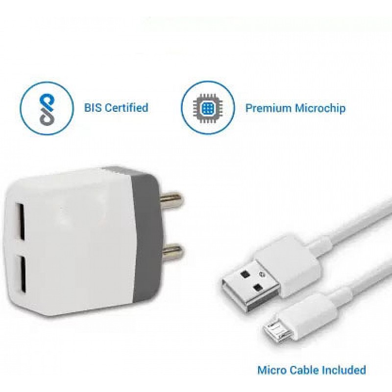 Airtree Dual Port 12W 2.4A Fast Charger with Charge & Sync USB Cable   (White, Grey, Cable Included)