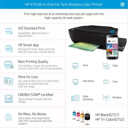 HP Ink Tank 410 Multi-function WiFi Color Printer with Voice Activated Printing Google Assistant and Alexa Printer (Pre Ink Loaded) HP Ink Tank 410 Multi-function WiFi Color Printer with Voice Activated Printing Google Assistant and Alexa Printer (Pre Ink Loaded)