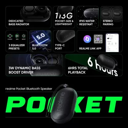 Realme Pocket Speaker with Bass Radiator 3 W Bluetooth Speaker Classic Black Stereo Channel Realme Pocket Speaker with Bass Radiator 3 W Bluetooth Speaker Classic Black Stereo Channel