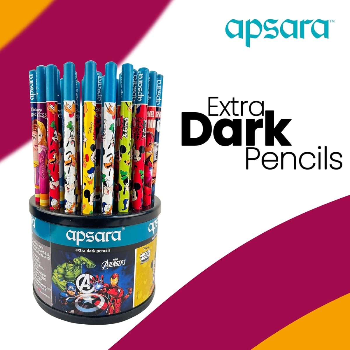 Apsara Disney & Marvel Assorted, Round Rotating Dispenser, Premium Pencils, Mickey Mouse, Princess, Frozen 2, Avengers, Super Fun Pencils for Kids, Extra Dark Pencils (Pack of 50)