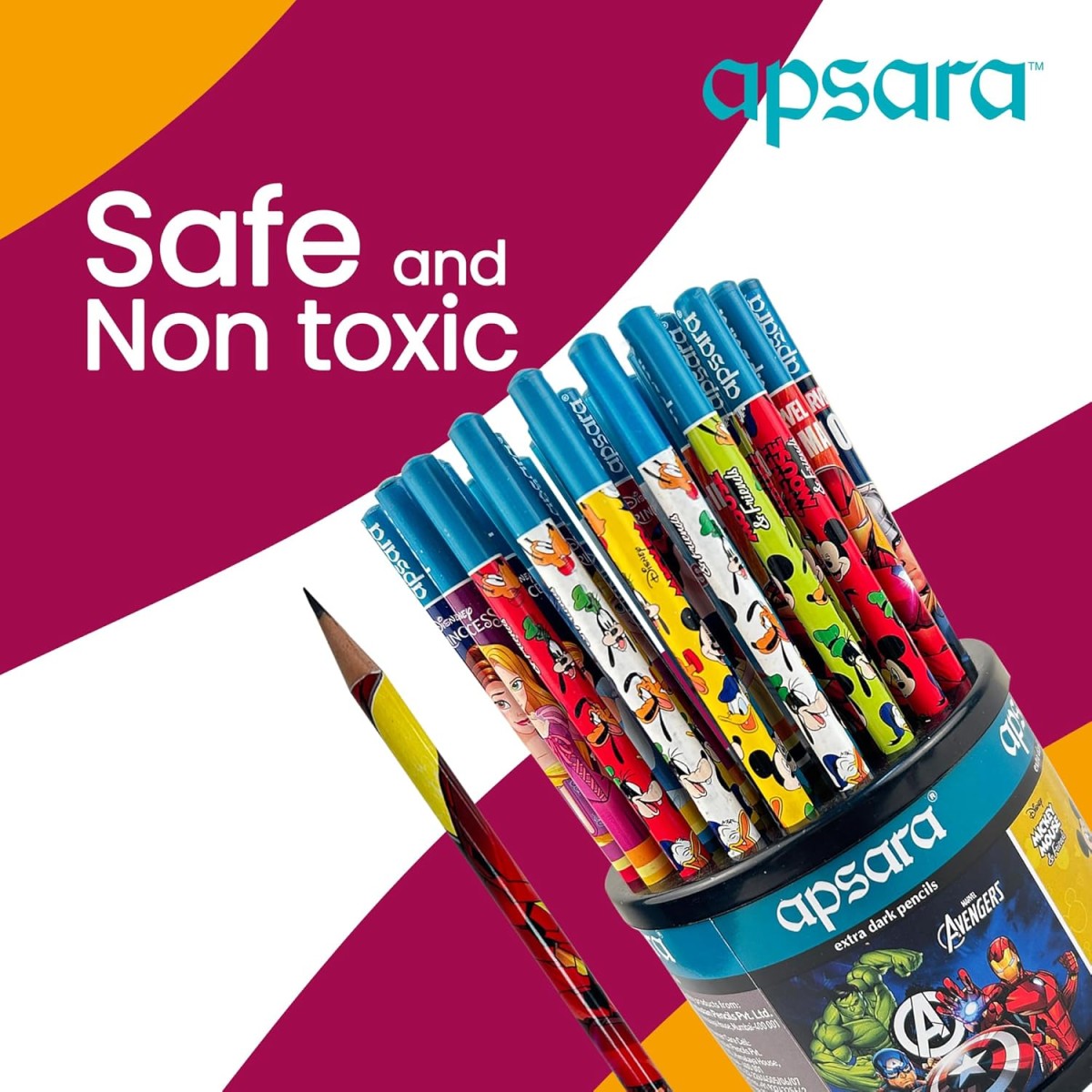 Apsara Disney & Marvel Assorted, Round Rotating Dispenser, Premium Pencils, Mickey Mouse, Princess, Frozen 2, Avengers, Super Fun Pencils for Kids, Extra Dark Pencils (Pack of 50)