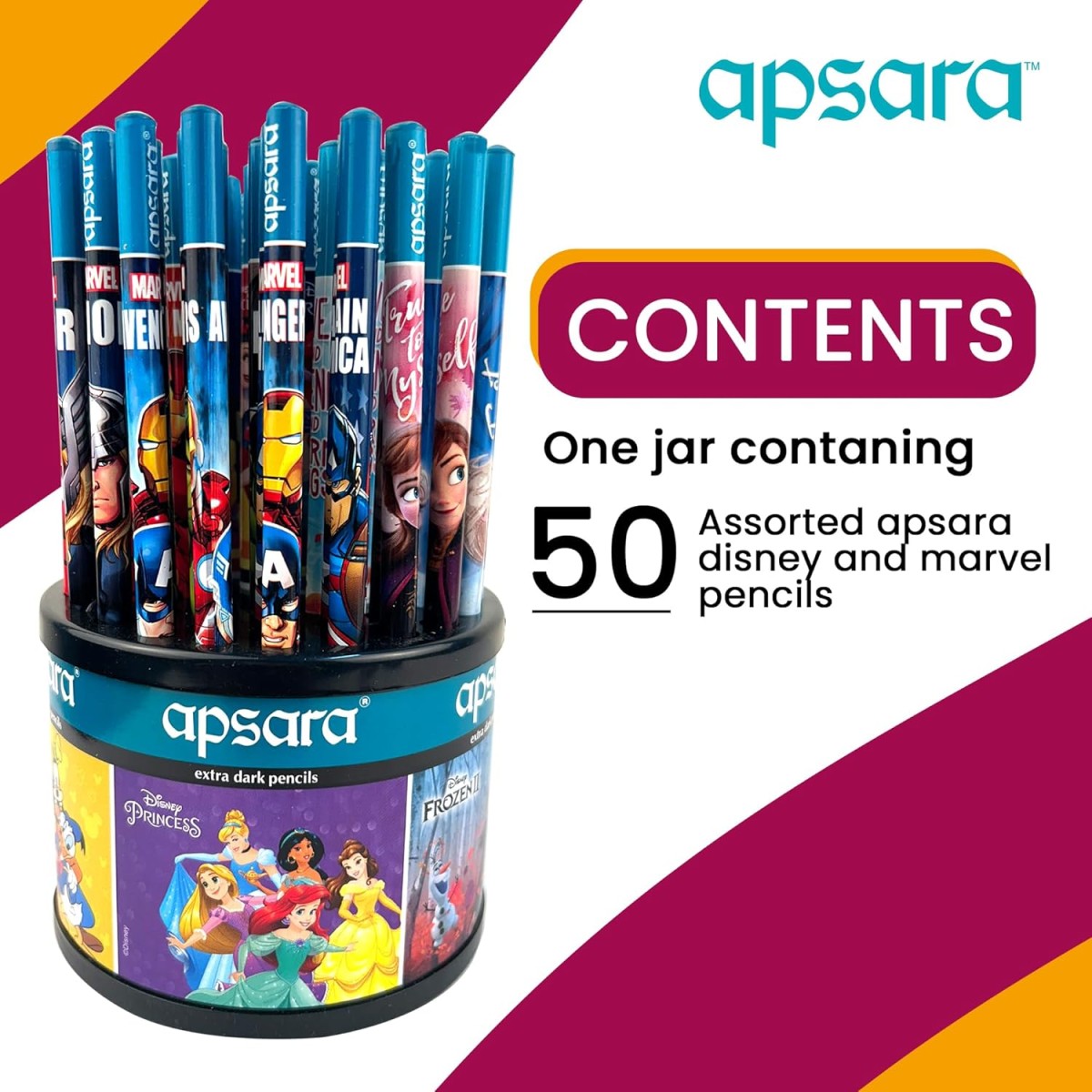 Apsara Disney & Marvel Assorted, Round Rotating Dispenser, Premium Pencils, Mickey Mouse, Princess, Frozen 2, Avengers, Super Fun Pencils for Kids, Extra Dark Pencils (Pack of 50)