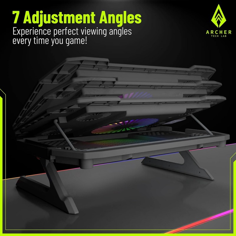 Archer Tech Lab, Squall 300 RGB Gaming Laptop Cooling Pad Stand with Aluminium Metal Grid, 5 Turbo Fans Dual USB Ports 7 Adjustable Angles Elevation Bracket & Phone Holder (Supports Upto 17" Laptop)