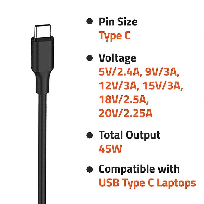 Artis 45W USB Type C Compatible Laptop Adapter with Power Cable