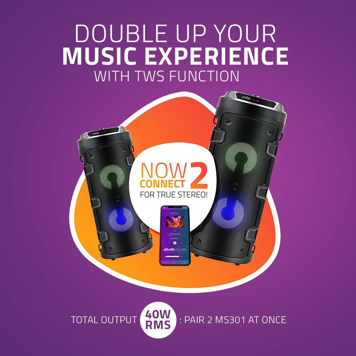 Artis MS301 Wireless Bluetooth Portable Party Speaker with RGB Glow Lights Wired Mic Party Speaker