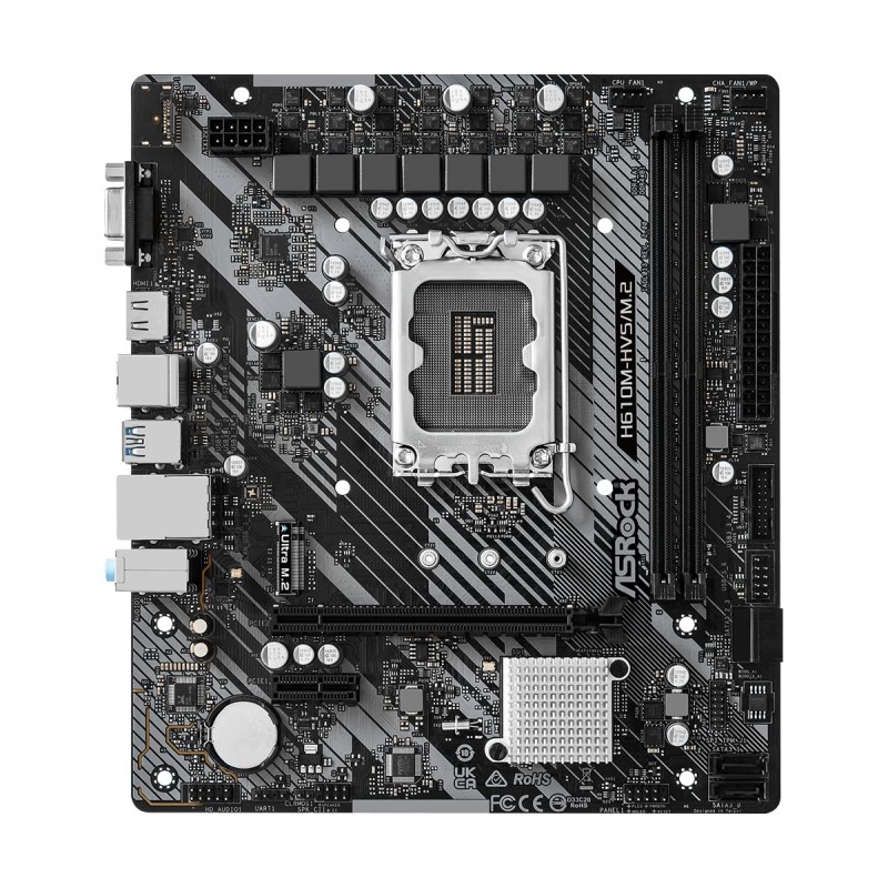 Asrock H610M-HVS/M.2 R2.0 Motherboard, Intel Socket 1700, 12th Gen, Micro ATX, DDR4 3200MHz, 1x PCIe 4.0 x16, 1x PCI-e 3.0 x1, 7.1 Channel Audio, Ultra M.2, USB 3.2 Gen1, Gigabit LAN, HDMI, VGA Asrock H610M-HVS/M.2 R2.0 Motherboard, Intel Socket 1700, 12th Gen, Micro ATX, DDR4 3200MHz, 1x PCIe 4.0 x16, 1x PCI-e 3.0 x1, 7.1 Channel Audio, Ultra M.2, USB 3.2 Gen1, Gigabit LAN, HDMI, VGA