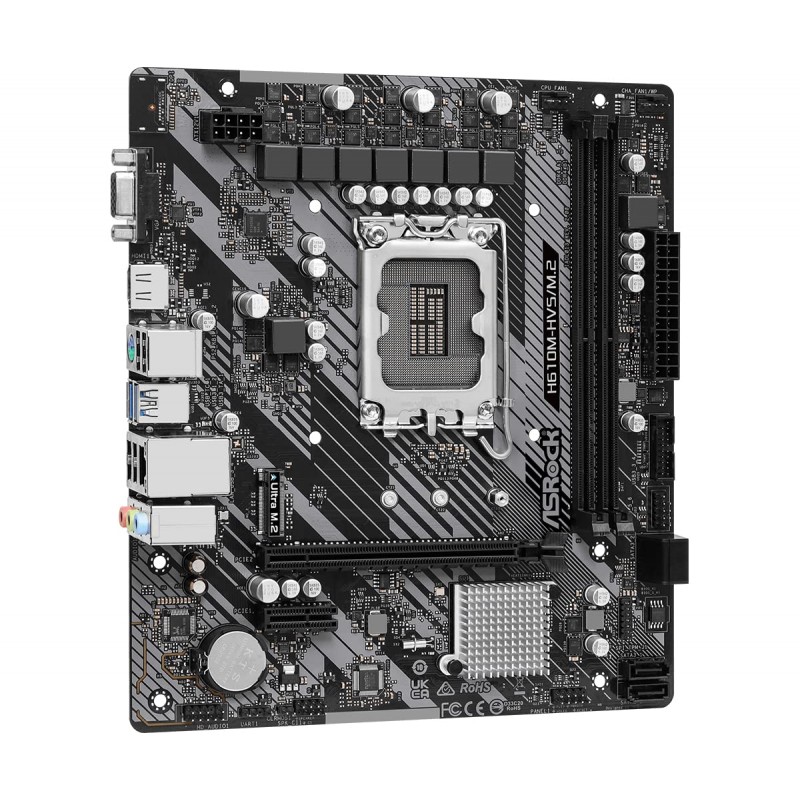 Asrock H610M-HVS/M.2 R2.0 Motherboard, Intel Socket 1700, 12th Gen, Micro ATX, DDR4 3200MHz, 1x PCIe 4.0 x16, 1x PCI-e 3.0 x1, 7.1 Channel Audio, Ultra M.2, USB 3.2 Gen1, Gigabit LAN, HDMI, VGA Asrock H610M-HVS/M.2 R2.0 Motherboard, Intel Socket 1700, 12th Gen, Micro ATX, DDR4 3200MHz, 1x PCIe 4.0 x16, 1x PCI-e 3.0 x1, 7.1 Channel Audio, Ultra M.2, USB 3.2 Gen1, Gigabit LAN, HDMI, VGA
