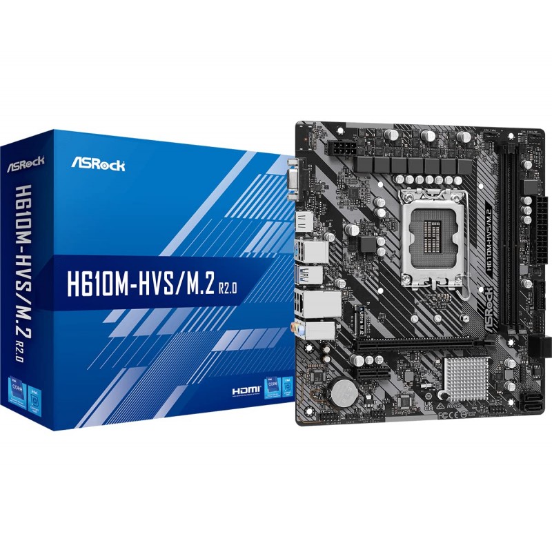 Asrock H610M-HVS/M.2 R2.0 Motherboard, Intel Socket 1700, 12th Gen, Micro ATX, DDR4 3200MHz, 1x PCIe 4.0 x16, 1x PCI-e 3.0 x1, 7.1 Channel Audio, Ultra M.2, USB 3.2 Gen1, Gigabit LAN, HDMI, VGA Asrock H610M-HVS/M.2 R2.0 Motherboard, Intel Socket 1700, 12th Gen, Micro ATX, DDR4 3200MHz, 1x PCIe 4.0 x16, 1x PCI-e 3.0 x1, 7.1 Channel Audio, Ultra M.2, USB 3.2 Gen1, Gigabit LAN, HDMI, VGA