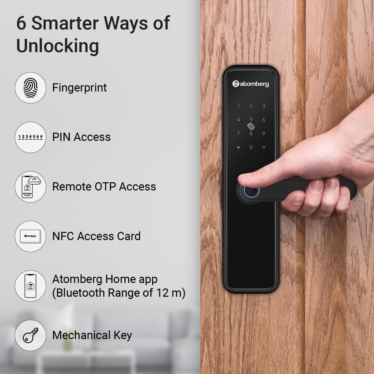 Atomberg Azhero Smart Door Lock | 6 Ways Unlocking | Fingerprint | PIN | Remote OTP | NFC Card | Atomberg App (Data Stored in India) | Key | Free Installation | 2 Year Warranty (Black)