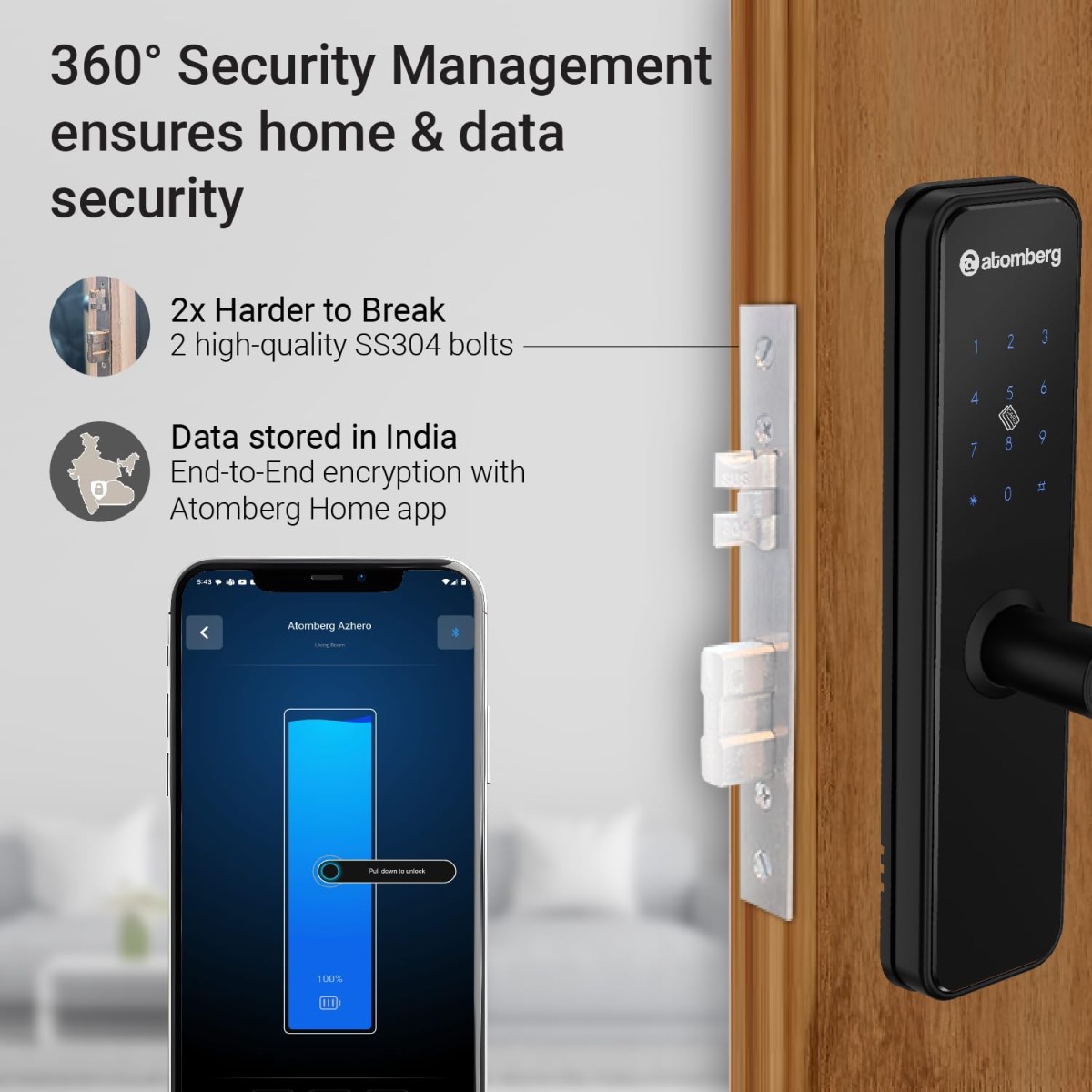 Atomberg Azhero Smart Door Lock | 6 Ways Unlocking | Fingerprint | PIN | Remote OTP | NFC Card | Atomberg App (Data Stored in India) | Key | Free Installation | 2 Year Warranty (Black)