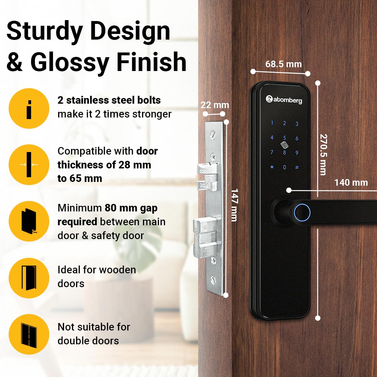 Atomberg Azhero Smart Door Lock | 6 Ways Unlocking | Fingerprint | PIN | Remote OTP | NFC Card | Atomberg App (Data Stored in India) | Key | Free Installation | 2 Year Warranty (Black)