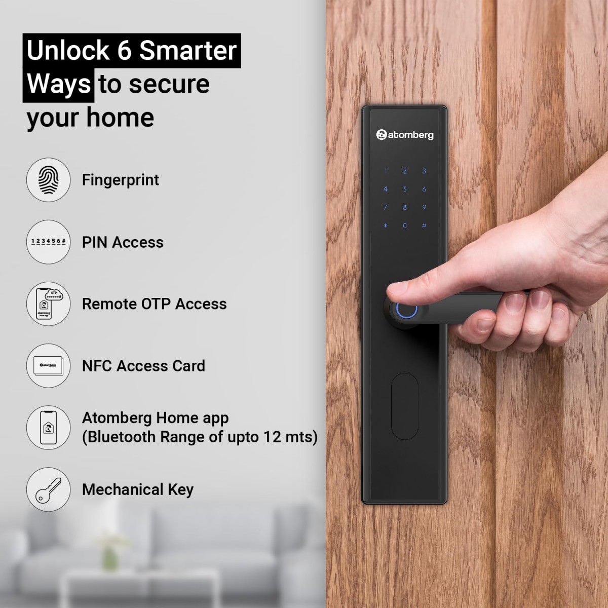 Atomberg SL 1 Smart Door Lock | 6 Ways Unlocking | Fingerprint | PIN | OTP | NFC Card | Atomberg Home App (Data Stored in India) | Key | 5 Stainless Steel Bolt | 2 Year Warranty by Atomberg (Black)